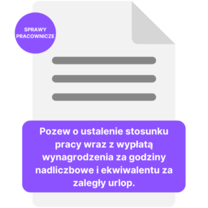 Pozew o ustalenie stosunku pracy wraz z wypłatą wynagrodzenia za godziny nadliczbowe i ekwiwalentu za zaległy urlop