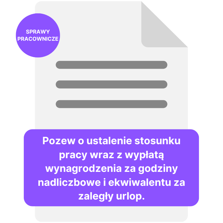 Pozew o ustalenie stosunku pracy wraz z wypłatą wynagrodzenia za godziny nadliczbowe i ekwiwalentu za zaległy urlop